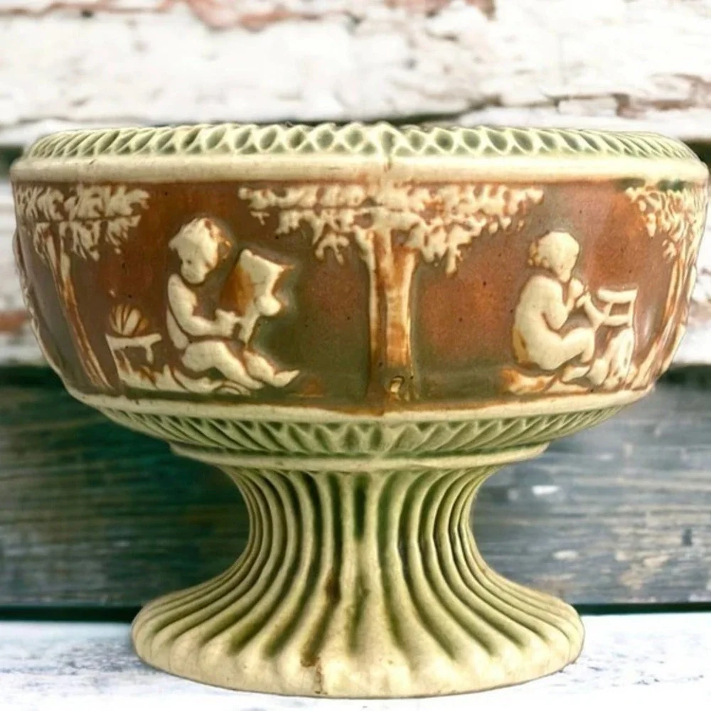 Vintage Early Roseville Pottery Donatello Footed Bowl Compote Cream, Green